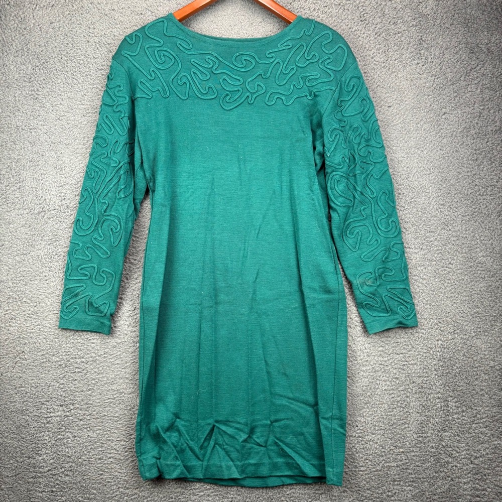 Carole Little Petite Green Wool Blend Soutache Knit Long Sleeve Sweater Dress PS
